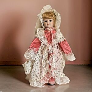 16" Porcelain Doll Blonde Hair Blue Eyes Period Dress with Hat & Bag Collectible
